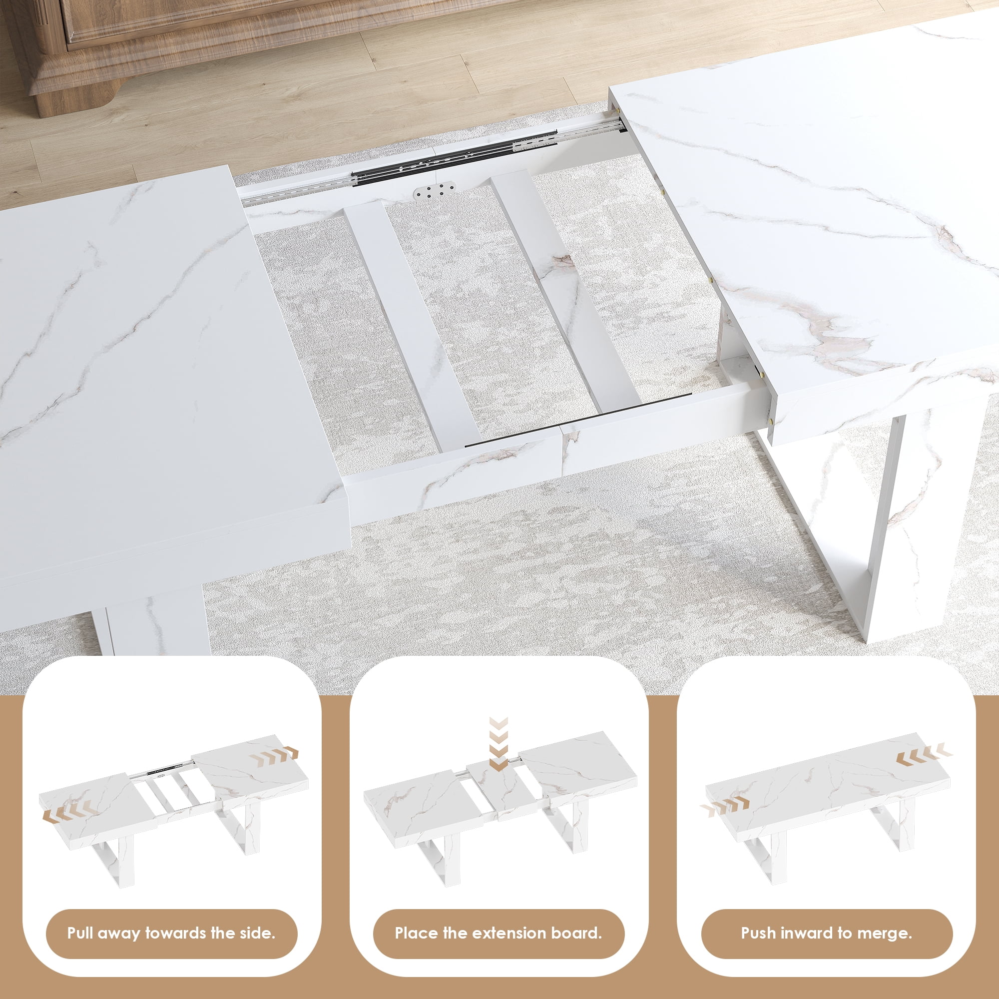 Coewske 70.9''-86.6'' Wooden Extendable Dining Table Kitchen Expanding Table w/Faux Marble Tabletop White