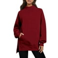 thumbnail image 4 of Women's Mock Neck Tunic Sweatshirt, Side Slit Hem Long Sleeve Pullover, Mid-Length Casual Top, Solid Color High Neck Blouse, Comfortable Stretch Knit Tunic for Women Red M, 4 of 8