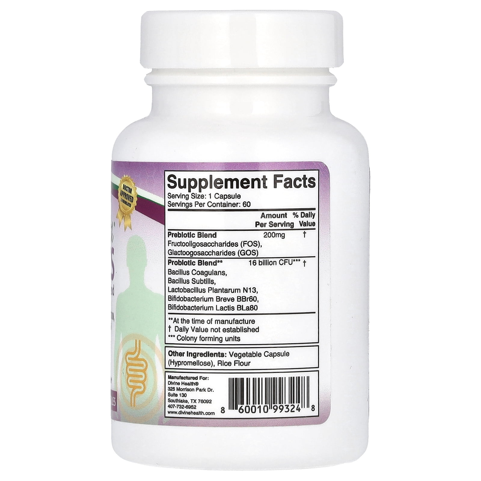 Dr. Colbert, MD Zone Biotics Probiotic | by Divine Health | Plantarum N13, Bacillus Subtilis, Bifidobacterium Lactis & Prebiotics FOS/GOS | 16 Billion CFU | 60 Capsules