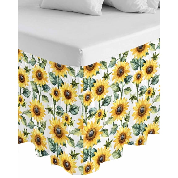 Sunflower Wrap Around Bed Skirts for Queen Bed 18" Drop, Bed Skirt with Adjustable Elastic Belt Dust Ruffle Bed Valance for Bedroom Hotel Luxury Spring Green Botanical Summer Floral Bed Frame Cover
