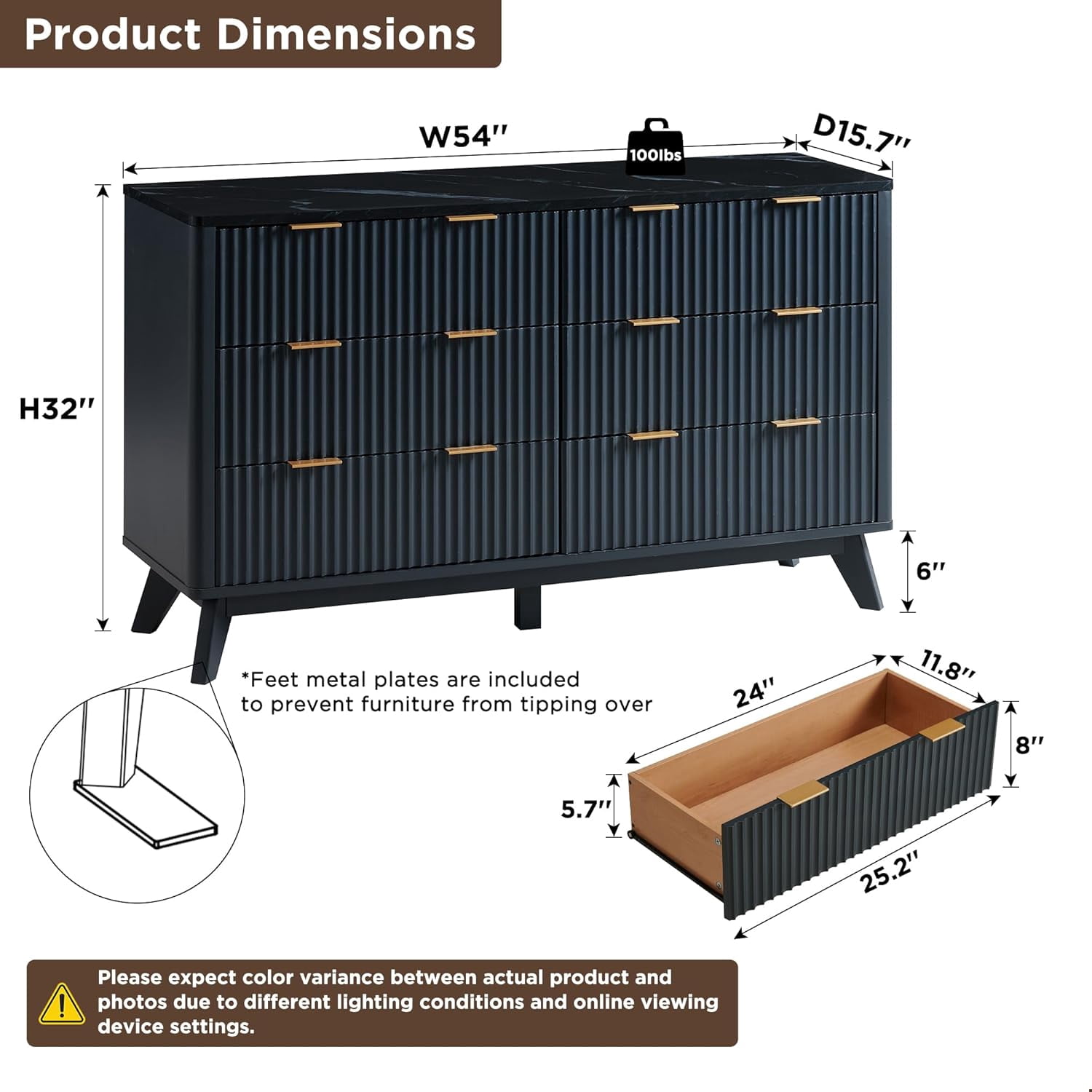 OKD 6 Drawer Dresser for Bedroom with Faux Marble Top, Modern Wood Chest of Drawers, Dresser Organizer, Dark Grey