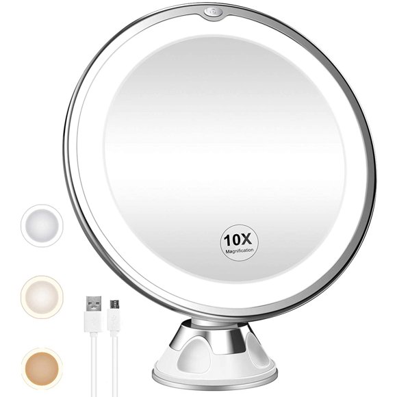 10X Magnifying Lighted Makeup Mirror, Rechargeable, 3 Color Modes, 360° Rotation, Powerful Locking Suction Cup Portable Cordless Vanity Mirror for Tabletop Wall Bathroom Shower Travel