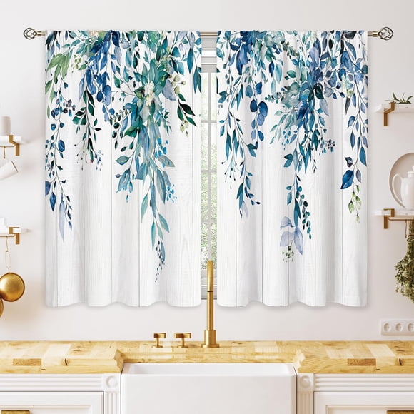 Farmhouse Teal Eucalyptus Small Kitchen Curtains Blue Leaves Window Treatment Turquoise Wooden Cafe Short Curtains for Bathroom Dining Laundry Room Botanical Tier Treatment Drapes 26x36 inch