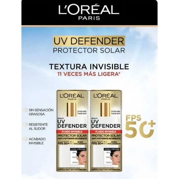 Protector Solar Diario L'Oréal UV Defender Fluido Invisible Anti-Fotoenvejecimiento 2 Pack 40 g c/u