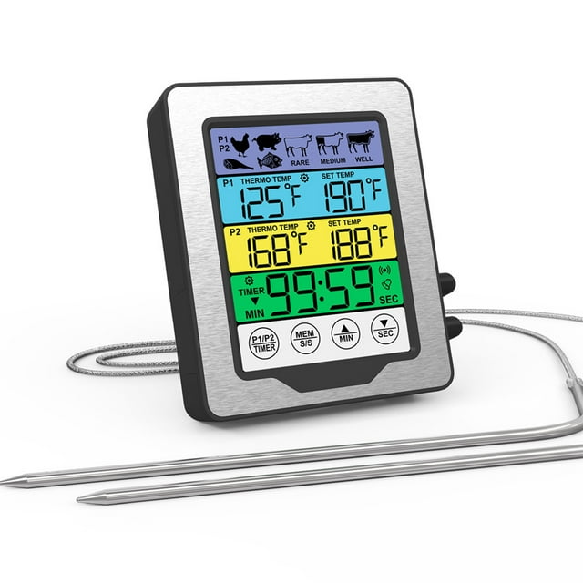 TFixol Dual Probe Color Touchscreen Meat Thermometer with High-Temp Alarm, Preset Settings, Countdown Timer, 7 Meat Options, Black & Silver (Batteries Not Included)