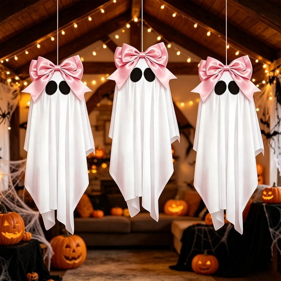 Eolstice 3 Pack Cute Hanging Ghost Decor, Pink Bow, 31.5 Inch Fabric Ghost, Soft Halloween Ornament for Front Door Window Porch Indoor And Yard