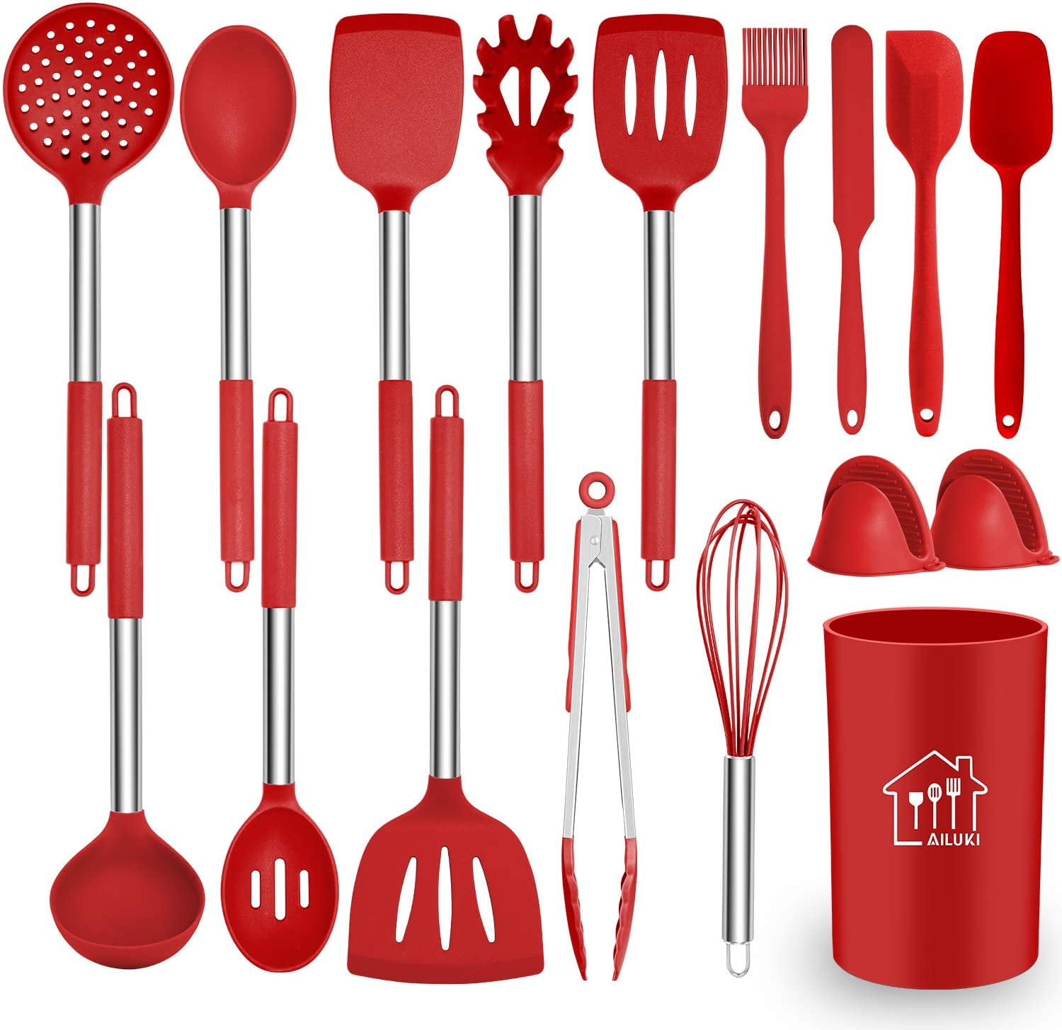 Details about   17 Pcs Silicone Cooking Kitchen Utensils Set with Holder Wooden Handles BPA Free 