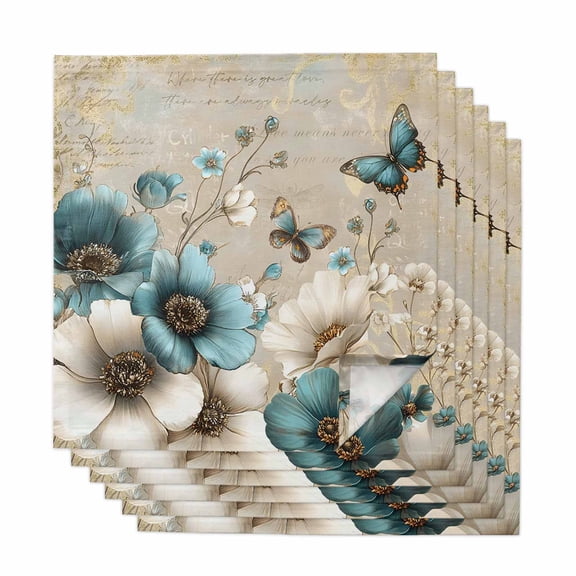 Teal Tulip Butterfly Cloth Napkins, Beige Turquoise Floral Vintage Rustic Washable and Reusable Dinner Napkins Set of 6, Table Napkin for Kitchen Party Birthday Wedding Hotel Housewarming 20"x20"