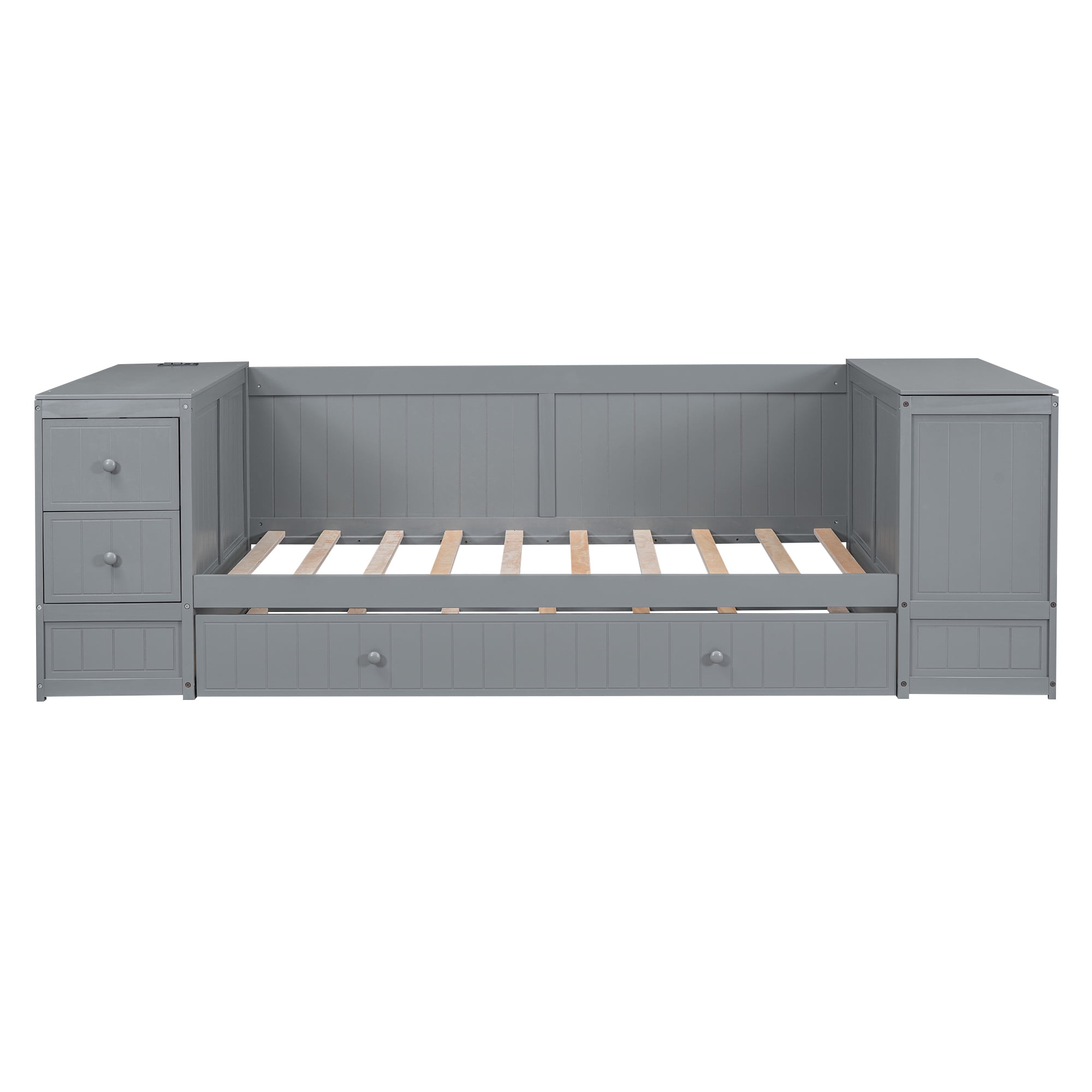 Euroco Wood Twin Size Daybed with Trundle, Storage Cabinets with Shelves and Drawers, Charging Station Sofa Bed, Gray