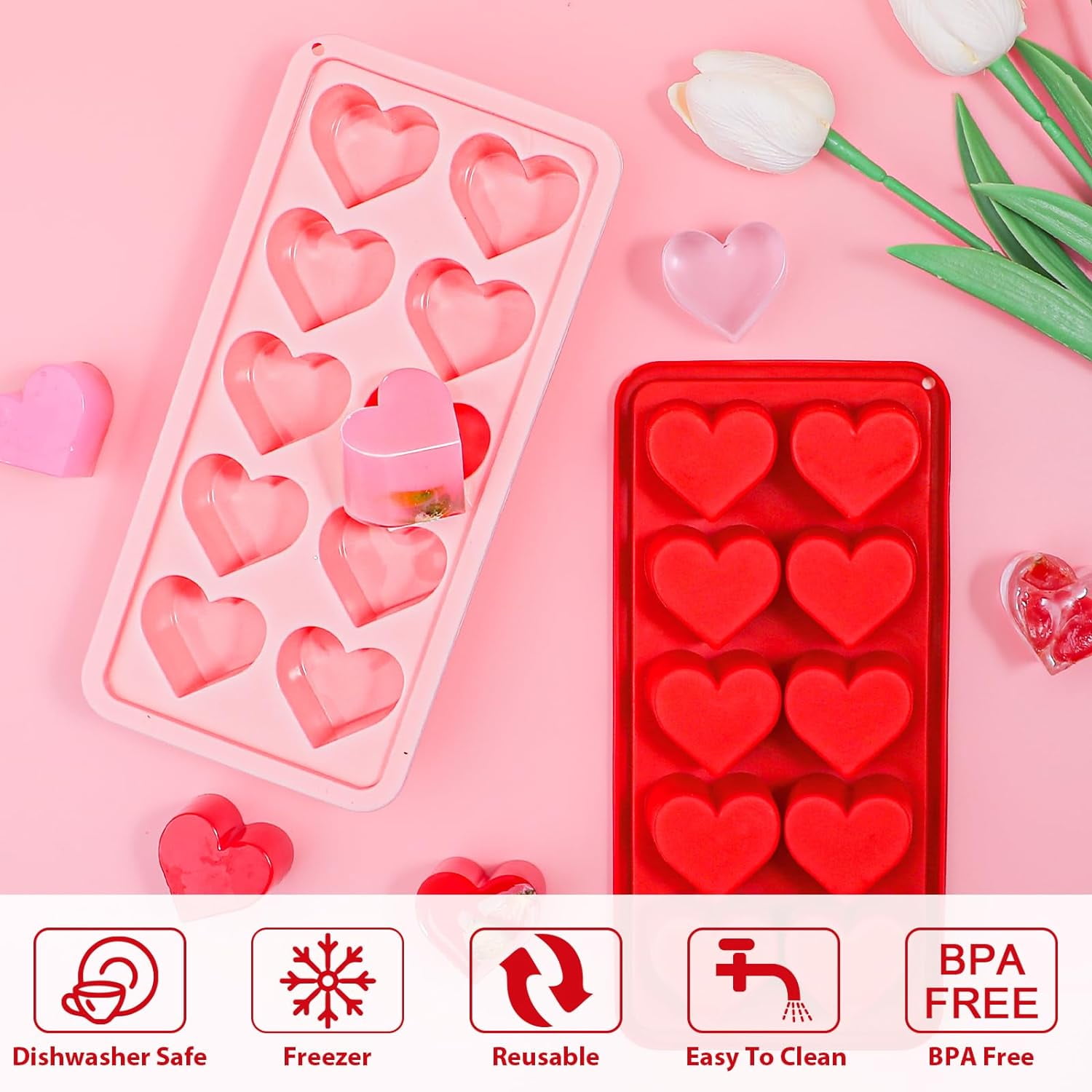 4-Pack Silicone Ice Cube Trays Set – Sphere (1.1"), Heart (10 & 8 Cavity), Star with Lid – BPA-Free, Easy Release – For Cocktails, Whiskey & Chocolate – Green/Pink/Red/Multicolor
