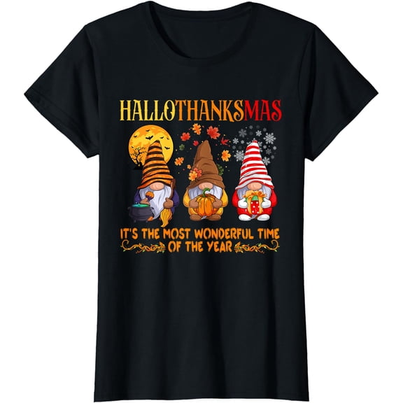 Happy Hallothanksmas Cute Gnomes Fall Halloween Women Girls T-Shirt