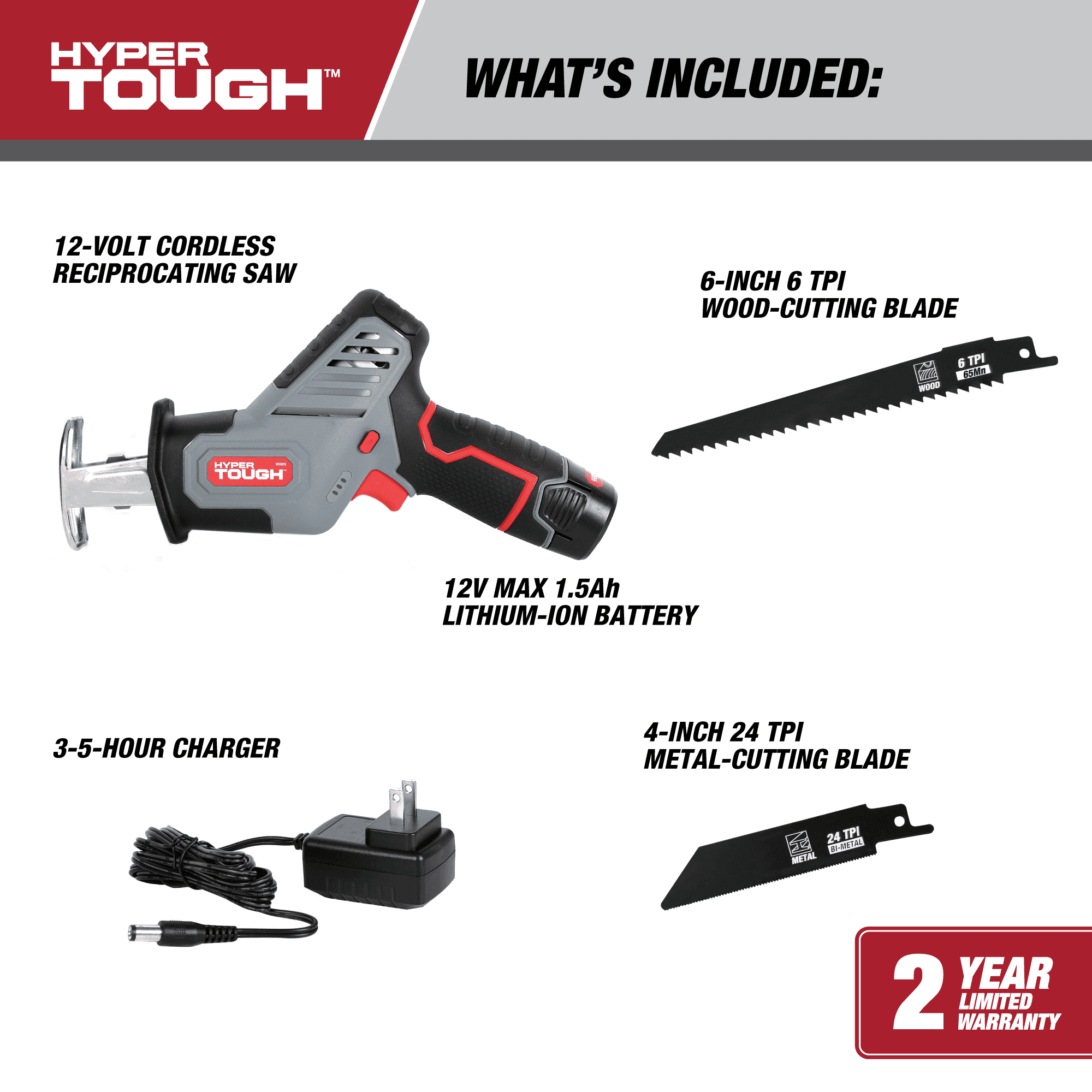 Hyper Tough 12V Max Lithium-Ion Compact Reciprocating Saw with 1.5Ah Battery and Charger