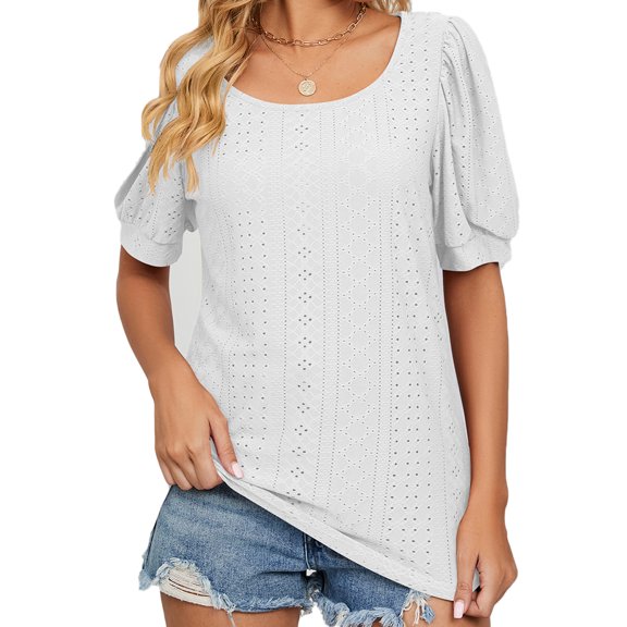TEMOFON Women Blouse Casual T Shirts Fashion Puff Short Sleeve Round Neck Dressy Tunic White Tops for Women Size L