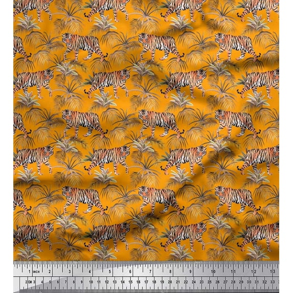 Soimoi Rayon Crepe Fabric Leaves & Tiger Jungle Printed Craft Fabric by The Yard 46 Inch Wide