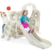 Arlopu Toddler Slide & Swing Set, Freestanding Kids Slide Climber Set w/ Basketball Hoop, Storage Space & Anti-Slip Steps, Indoor Outdoor Playground for Kids 2+ Years