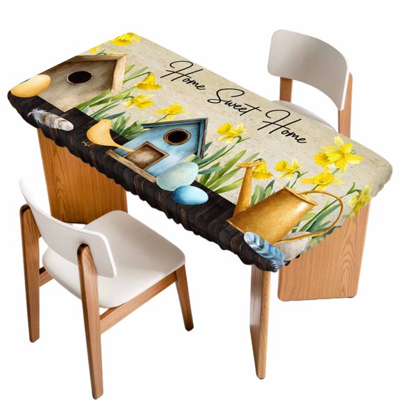 Spring Table Cloths for 6 Foot Rectangle Tables, Brown Vintage Birds Cages Eggs Flowers Herbs Patio Waterproof Elastic Fitted Tablecloths, Washable Rectangular Table Cover for Camping
