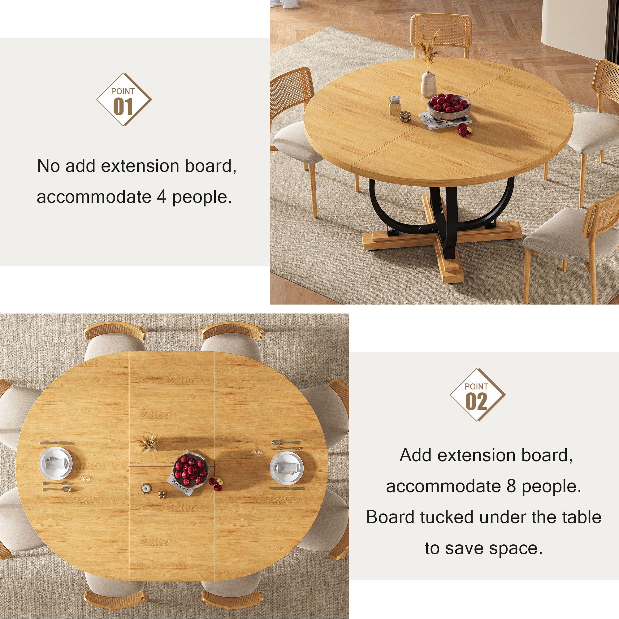 Einhomn 59”Extendable Round Dining Table for 4-8 ,Dining Room Table with X-Shaped Heavy Duty Metal Base,Thickened MDF Board,Modern Kitchen Dining Table,Space Saving,Oak