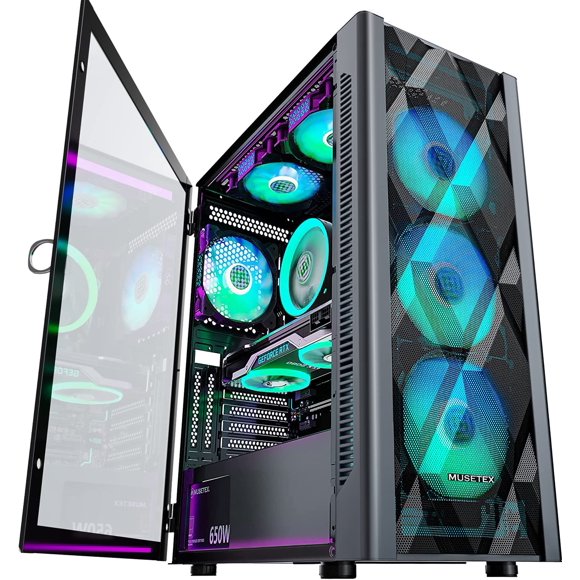 Funda para PC MUSETEX ATX NN8 con 6 ventiladores PWM ARGB, vidrio templado