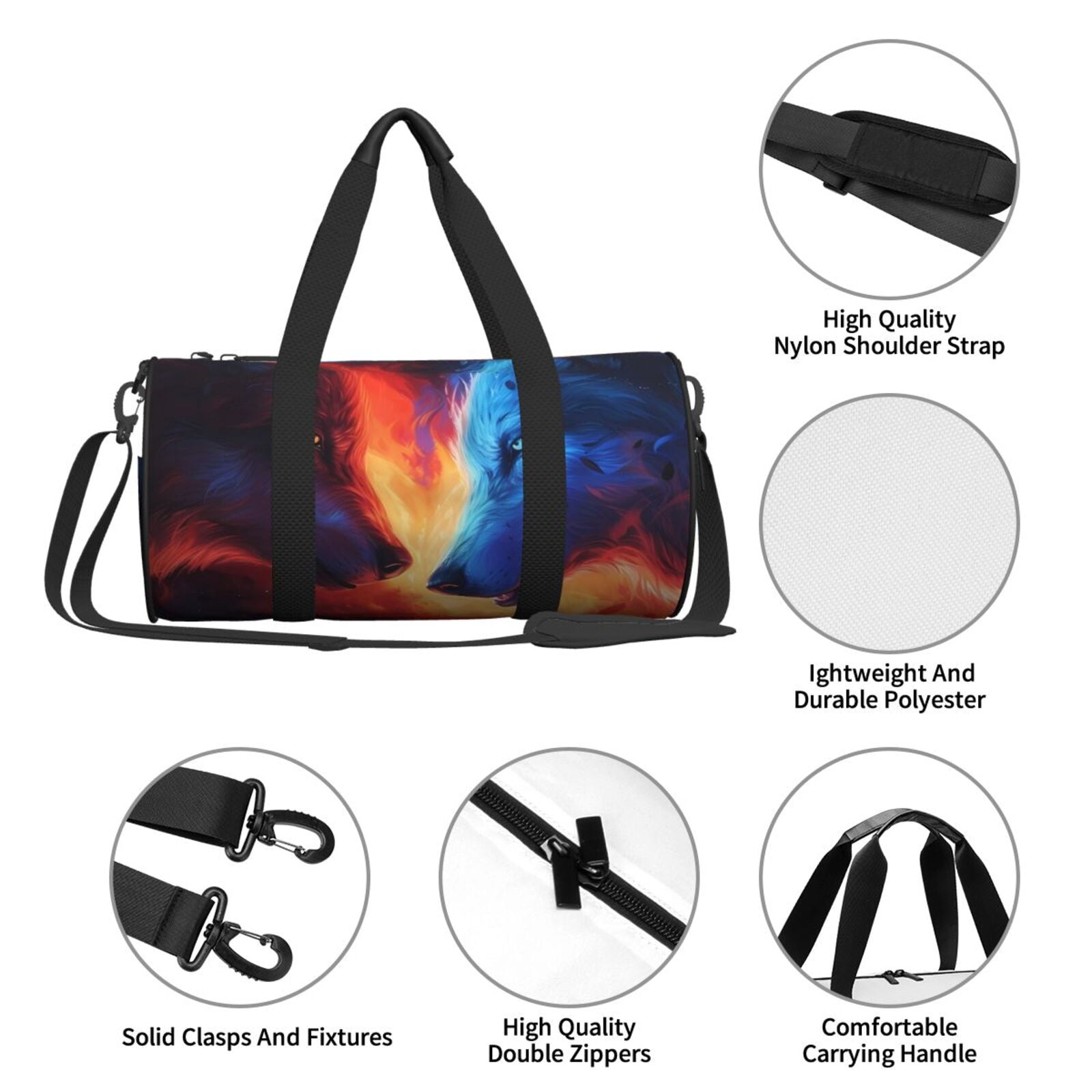 Horeoi Wolf Print Foldable Travel Duffle Bag with Removable Strap - Water-Resistant Gym Vacation Luggage Multi-Pocket Design