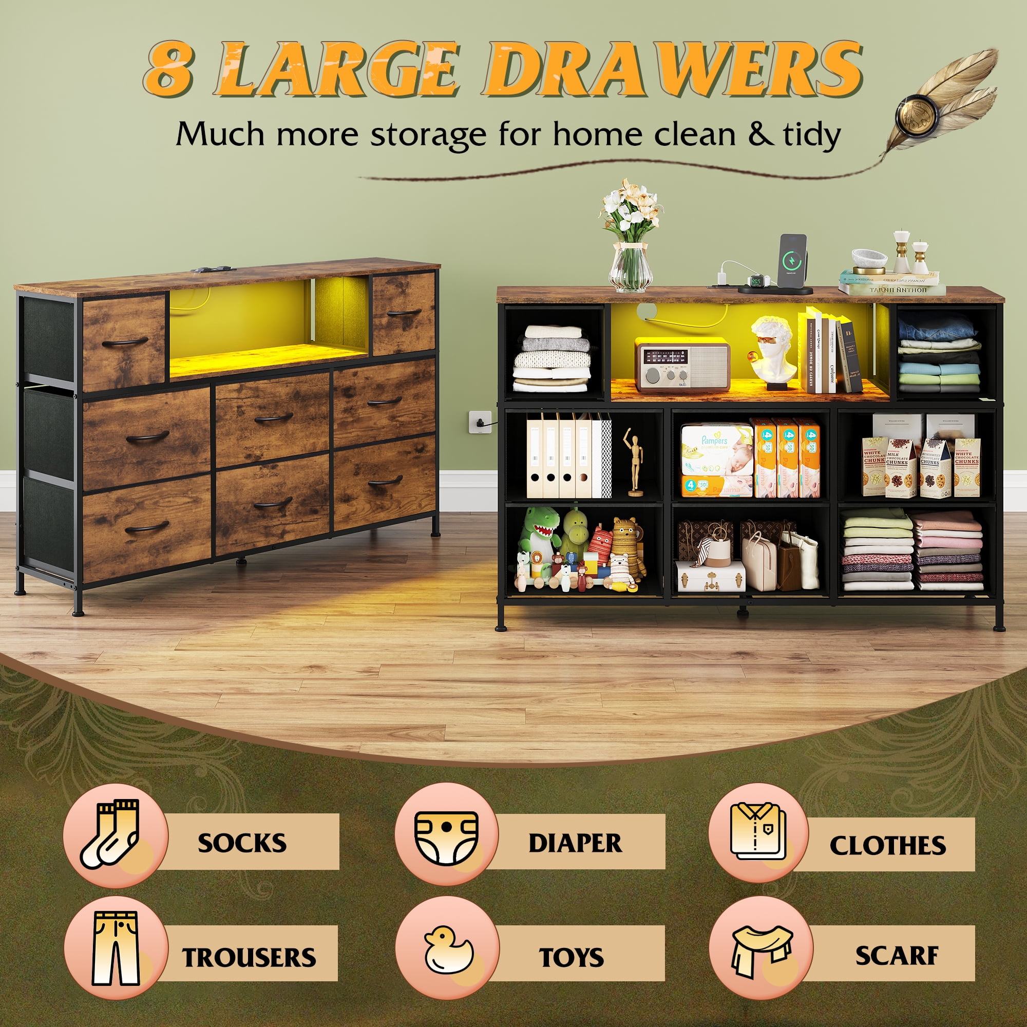 GALAXHERO 8-Drawer Large Dressers for Bedroom, TV Stand for 55'' TV with Charging Station and LED Lights, Rustic Brown Wood Grain Print