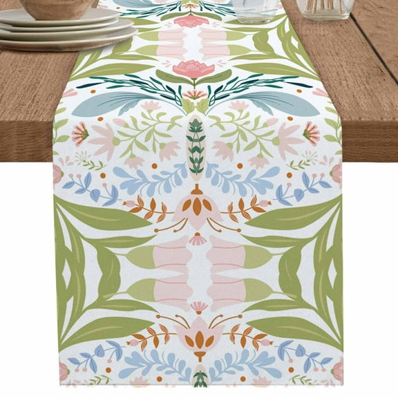 Bohemia Pink Flower Green Leaves Table Runner-70 Inch Long Abstract Floral Table Runners Linen Burlap Tablerunner for Kitchen Dining Room Holiday Party