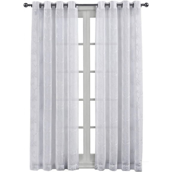 sheetsnthings Embroidered Andora 108-Inch Wide x 63-Inch Long, Set of 2 Grommet Top Sheer Window Curtains, White