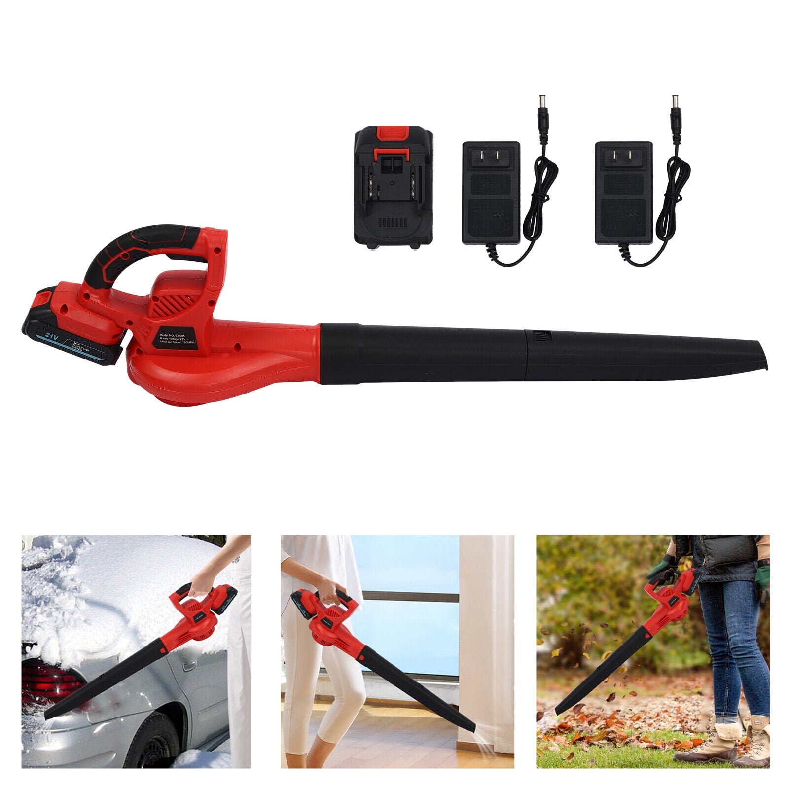 EB005 Battery Powered Leaf Blower, Leaf Electric Handheld Lithium-ion Blower, Cordless Leaf Blower with 2x 1500 mA Lithium Batteries (Red - Low Noise)