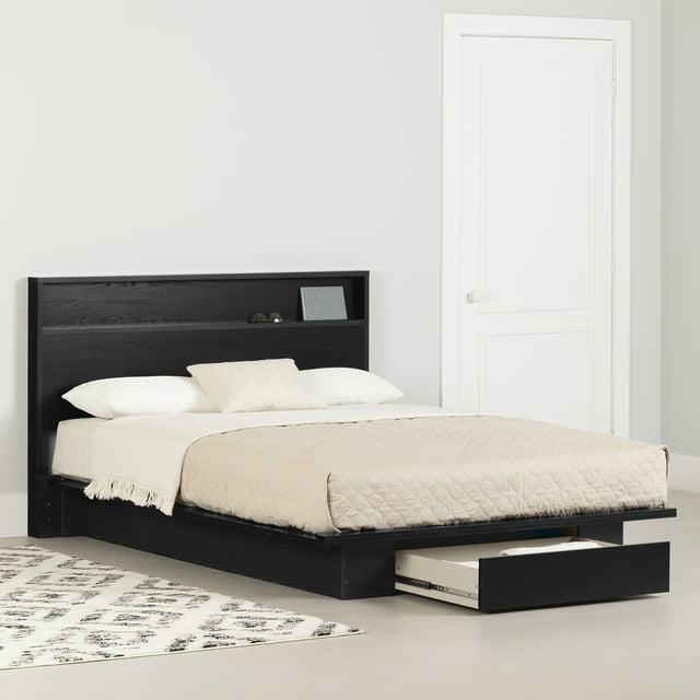 South Shore Primo Full/Queen Platform Bed and Headboard Set, in Black Oak