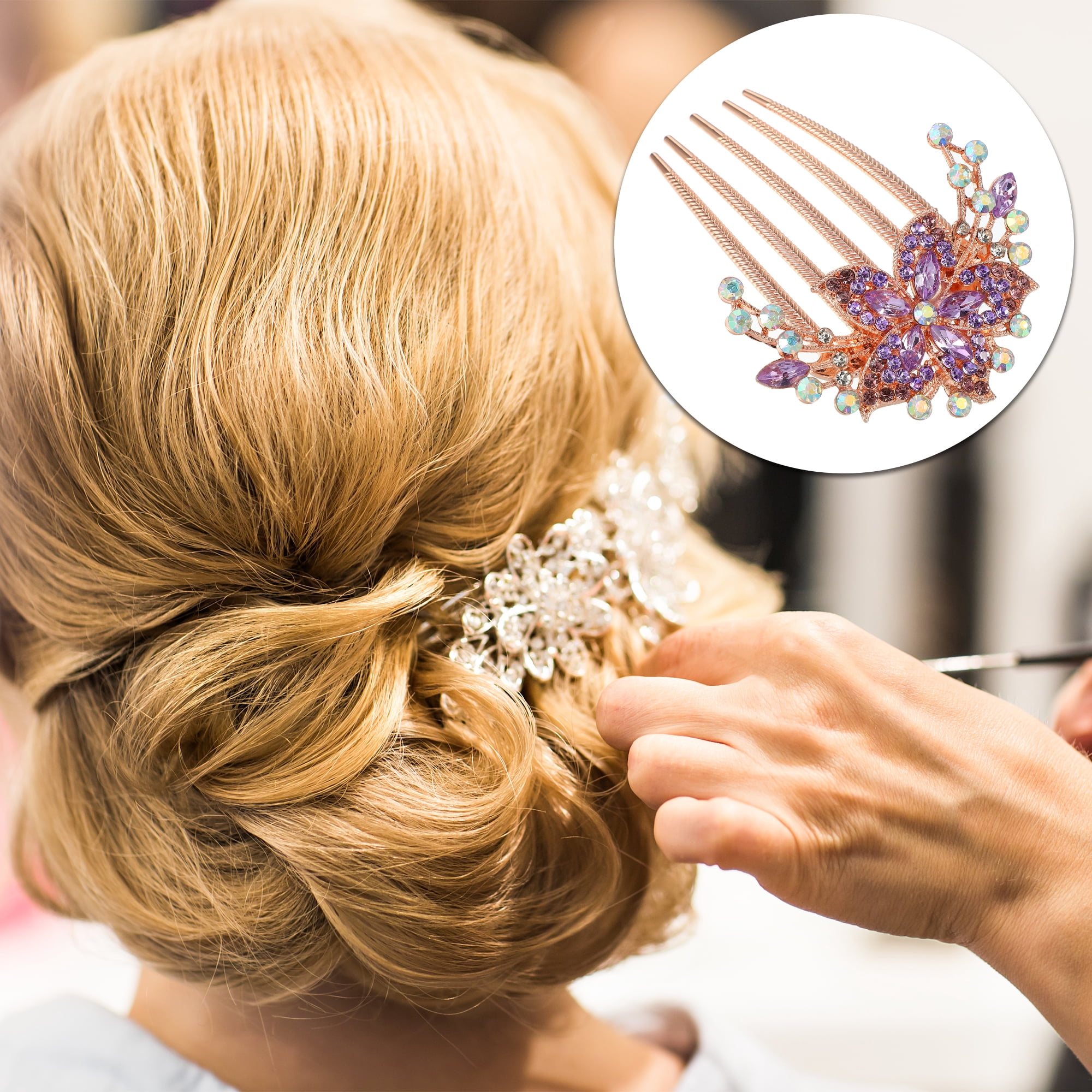 Unique Bargains Women Rhinestone Inlaid Flower Hair Comb 1Pc Violet