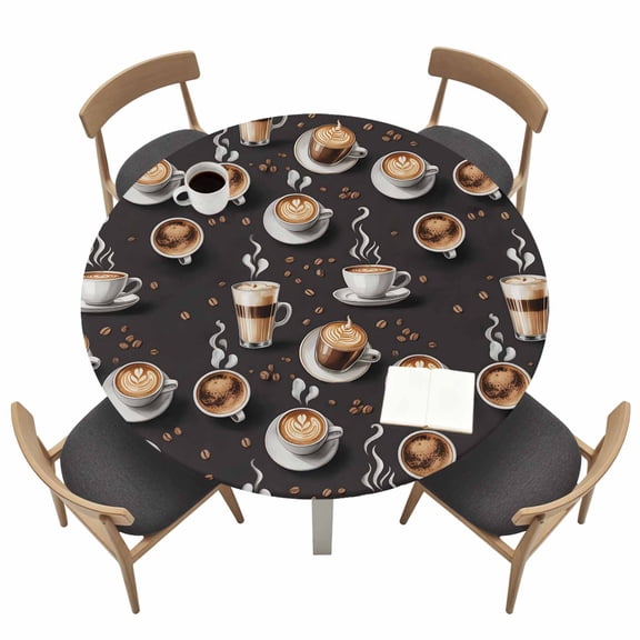 Coffee Round Fitted Tablecloth with Elastic Edge Vintage Watercolor Hot Coffee Cups Beans Black Table Cover Fit for 45"-54" Tables Waterproof Tablecloths for Dinner Camping Picnic