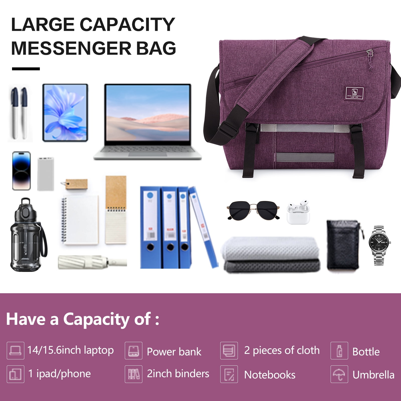 OIWAS 15.6 inch Laptop Messenger Satchel for Men Women, Large Casual Briefcase with Adjustable Strap, Purple