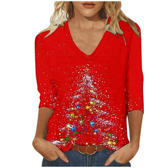 asdoklhq Christmas Sweatshirts for Women Ladies' Christmas Fashion Casual Printed V-neck Quarter Sleeve Top Red S