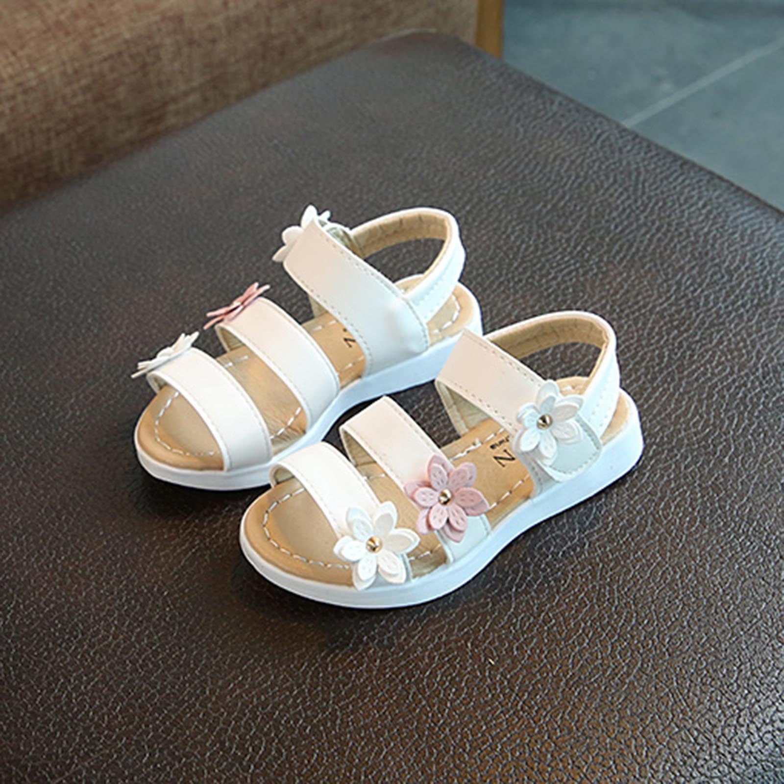 Odeerbi Toddler Girls Princess Sandals Summer Beach Sandals Children Open Toe Princess Sandals Soft Bottom Flowers Roman Beach Shoes White
