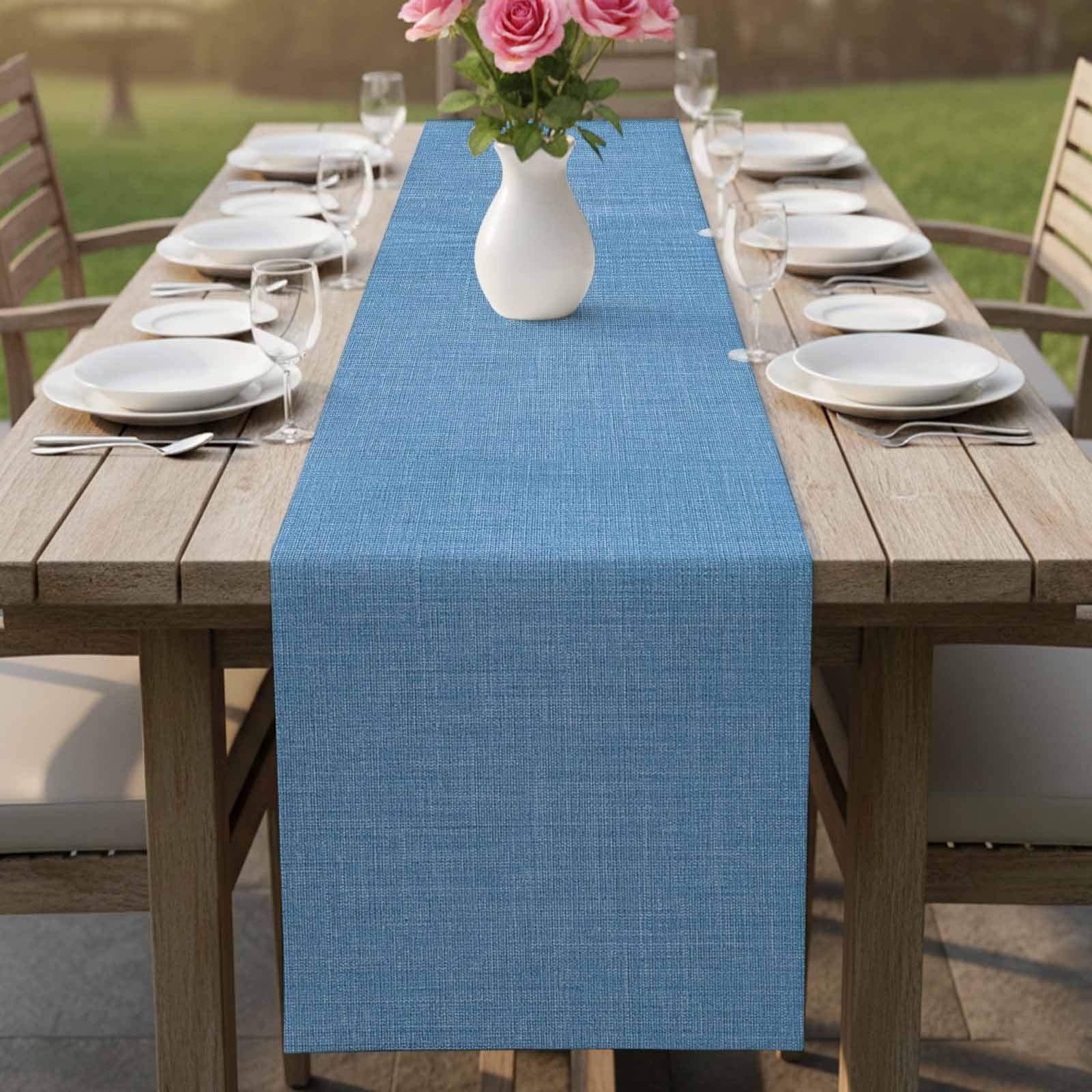 Blue Burlap Texture Table Runner, Farmhouse Vintage Blue Washable Cotton Linen Table Runners 48 Inches Long, Dresser Scarf Runner for Nightstand/Coffee/End Tables 13''x48''