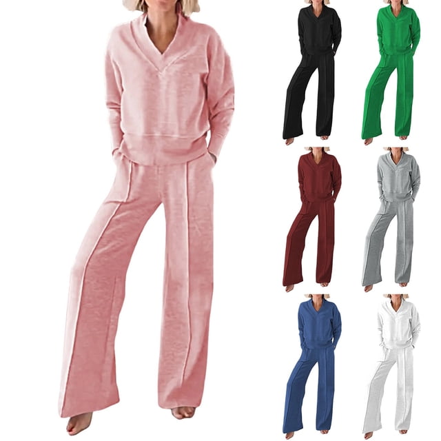 BYHONG Women's Wide Leg Pants Solid Color Leisure Two Piece Set Womens Pant Suits Pink XL