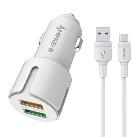 Car Charger for Samsung Galaxy S10e, S10, S10+ Plus - 2.1A Type-C Car Charger with Extra USB Port (8 feet) and Atom Cloth - White
