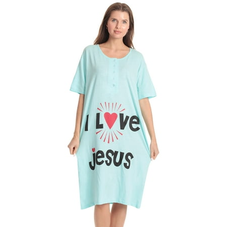 Just Love Short Sleeve Nightgown Oversized Screen Print Sleep Dress for Women (Aqua - I Love Jesus Small)
