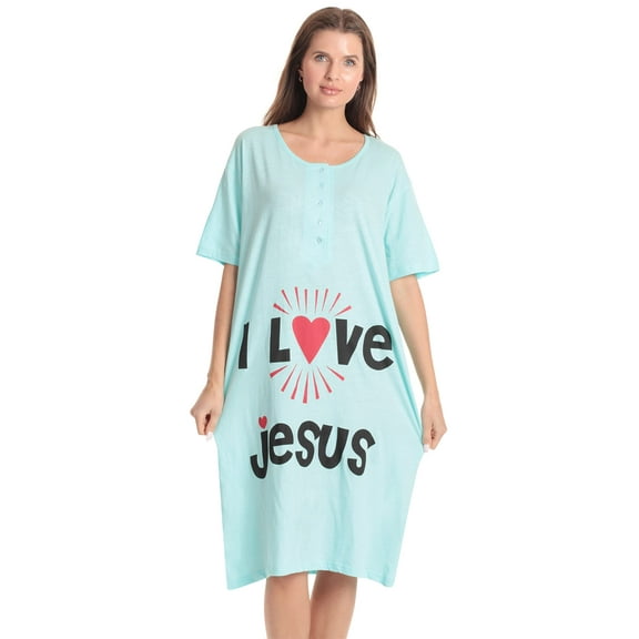 Just Love Short Sleeve Nightgown Oversized Screen Print Sleep Dress for Women (Aqua - I Love Jesus, X-Large)