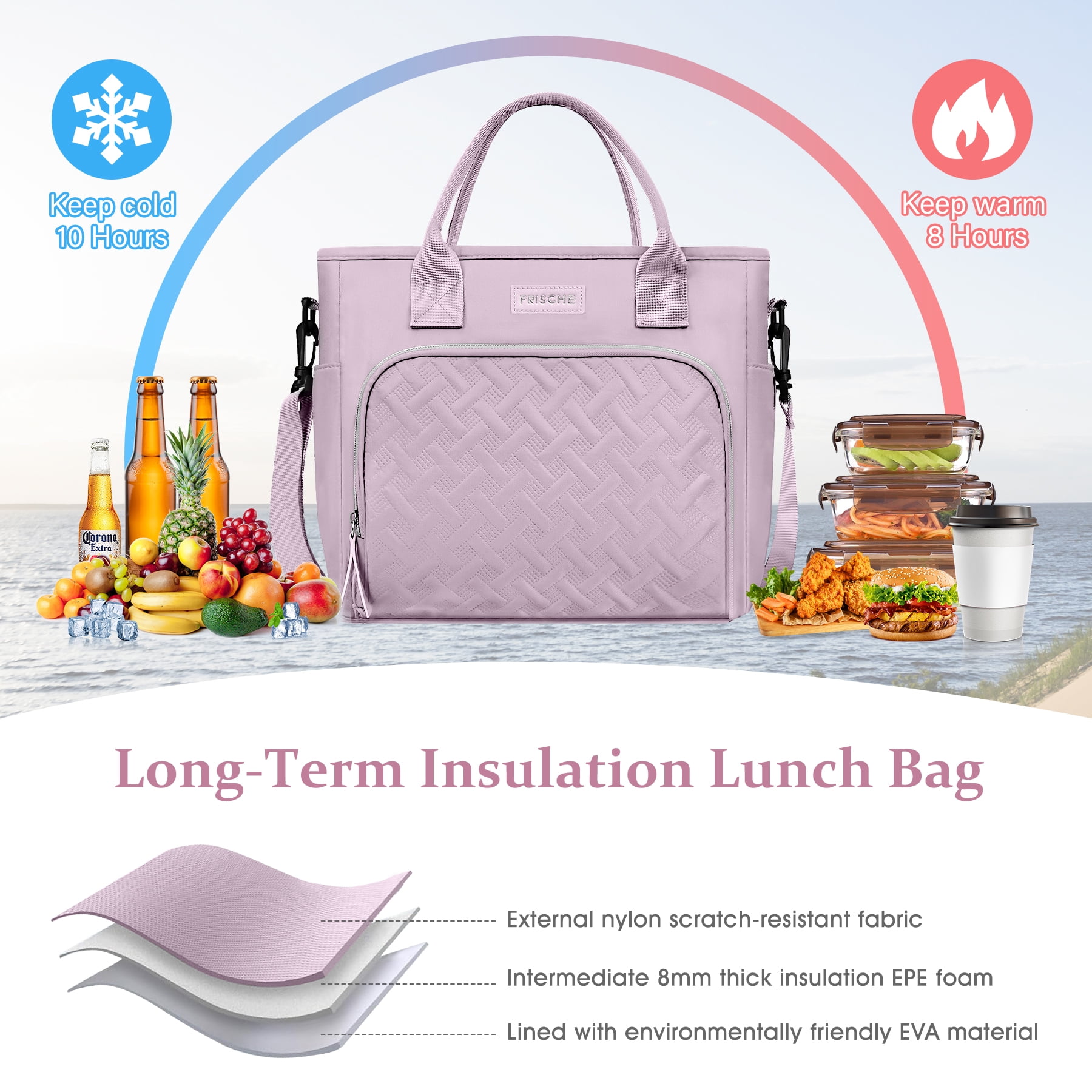 CshidWorld Insulated Lunch Bag for Men & Women - 18L Large Capacity Lunch Box for Work,Office ,Picnic, Hiking, Beach, Thermal Cooler Tote w/ Adjustable Strap, Pockets, Classic Plaid Design, Purple