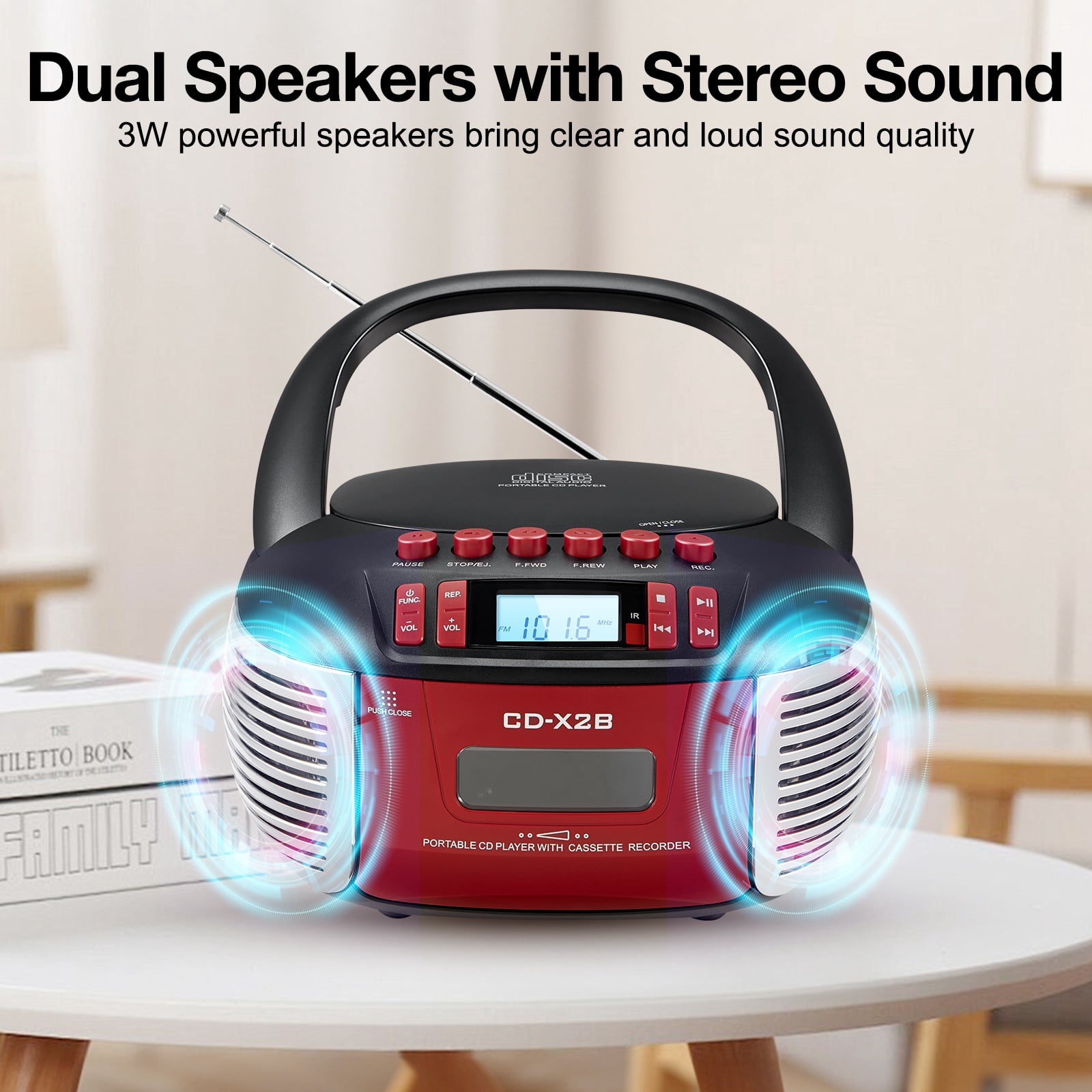 Cassette Boombox CD Player Combo with Bluetooth and Remote,Stereo Speakers,FM Radio,Tape Recording.