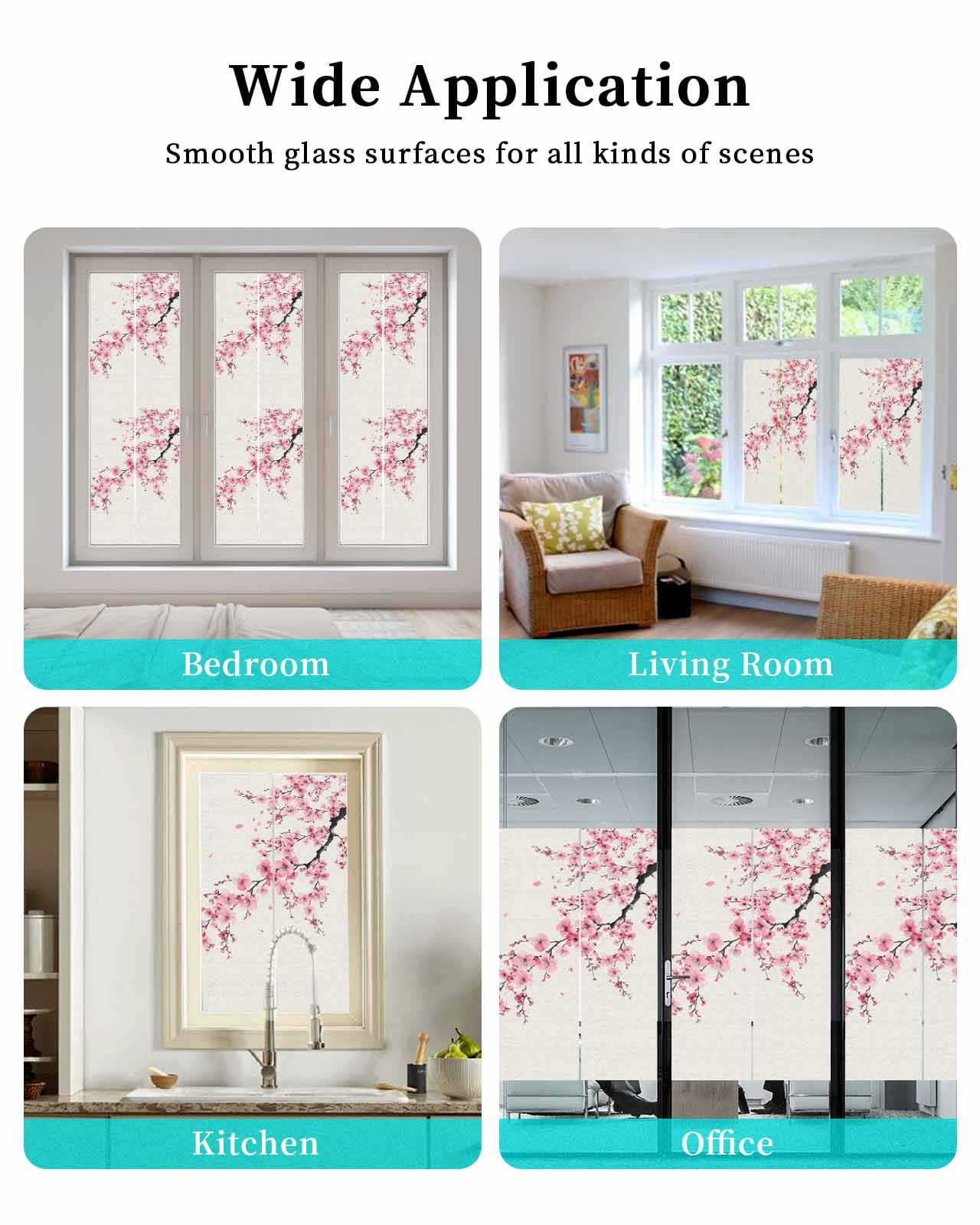 Window Privacy Film Cherry Blossoms Stained Glass Window Film Decorative Sun Block Window Cover Pink Flower Floral Spring Nature Country Window Clings Static Adhesive Sticker for Bathroom 29.5"x78.7"