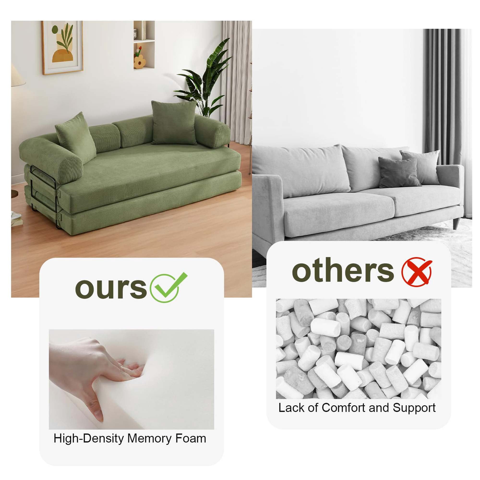 CAPCAEK 78.5" Convertible Sofa Bed, Corduroy Foldable Sleeper Loveseat with Memory Foam and 2 Pillows, Green