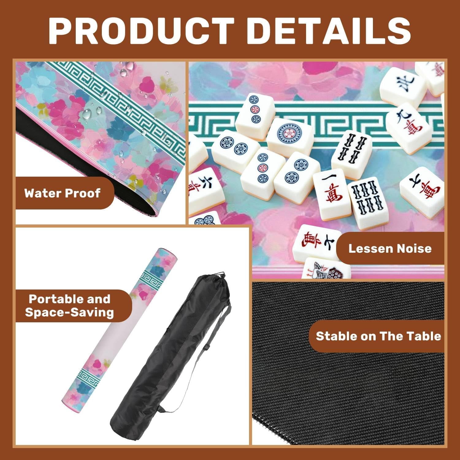 Mahjong Mat 31.5" x 31.5" Soft Pastel Floral Greek Key Border Non-Slip Noise Reduction Mahjong Tiles Table Cover for Dominoes Poker Card Board and Tile Games