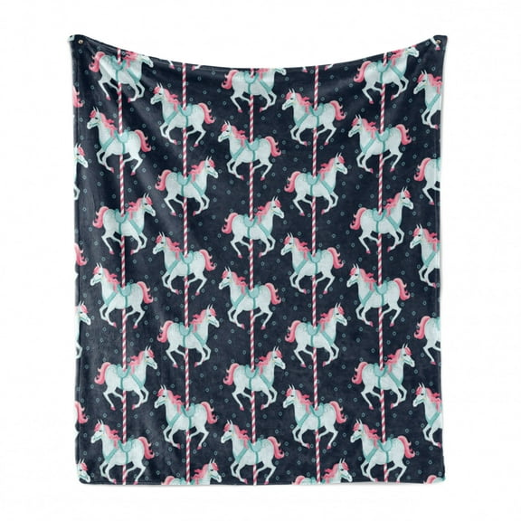Baby Soft Flannel Fleece Throw Blanket, Carousel Horses Playthings Merry Go Round Joyful Circus Amusement Park, Cozy Plush for Indoor and Outdoor Use, 70" x 90", Indigo Pale Blue Pink, by Ambesonne