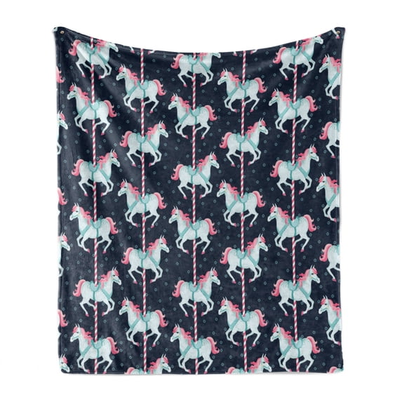 Baby Soft Flannel Fleece Throw Blanket, Carousel Horses Playthings Merry Go Round Joyful Circus Amusement Park, Cozy Plush for Indoor and Outdoor Use, 70" x 90", Indigo Pale Blue Pink, by Ambesonne