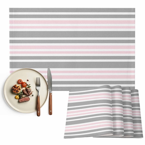 Placemats Set of 4, Pink Stripes Place Mats Contrast Gray Lines Striped Tablemats Washable Placemat Table Decoration for Kitchen Table Dinner Party Home Decor Indoor Outdoor 13x19 Inch