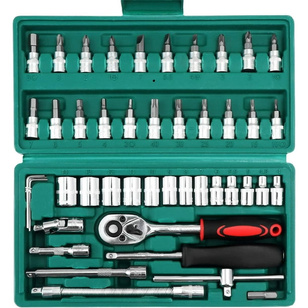 Juego de dados y brocas de 46 piezas, juegos de dados flexibles, juegos de llaves de trinquete, herramienta de reparación de vehículos automotrices de 1/4 pulgadas ACTIVE Biensenido a ACTIVE