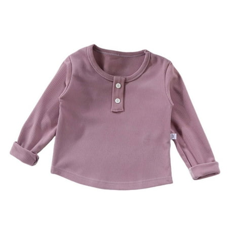 

HAiming Kids Baby Girl s Long Sleeve Button Tops Solid Color Round Neck Striped Knit Shirts Casual Loose Comfy Blouse