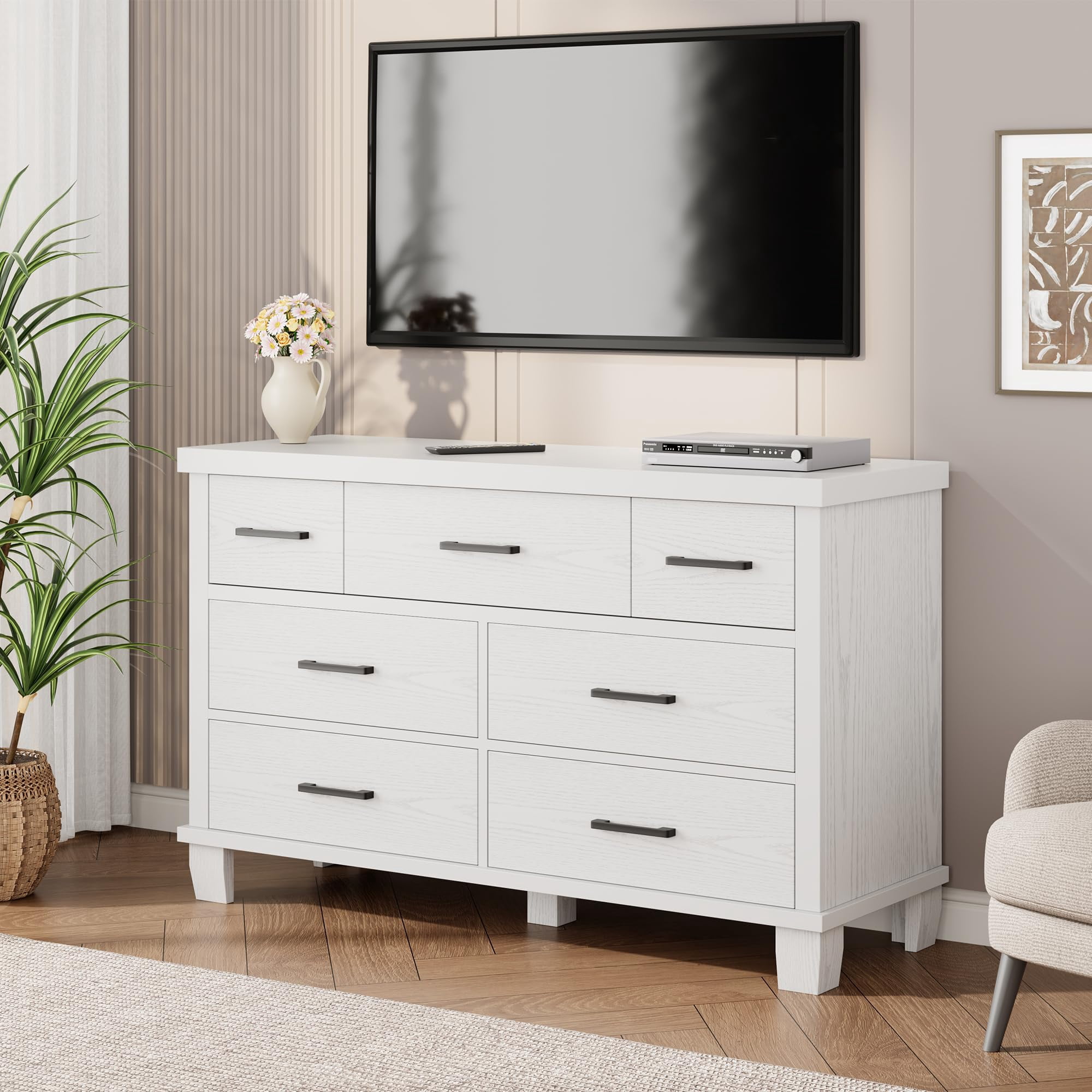 Kicctian 7 Drawer Dresser for Bedroom, 51" Wide Modern Wood Chest of Drawers, Wooden Closet Organizer with Metal Handles, Bedroom Living Room,White
