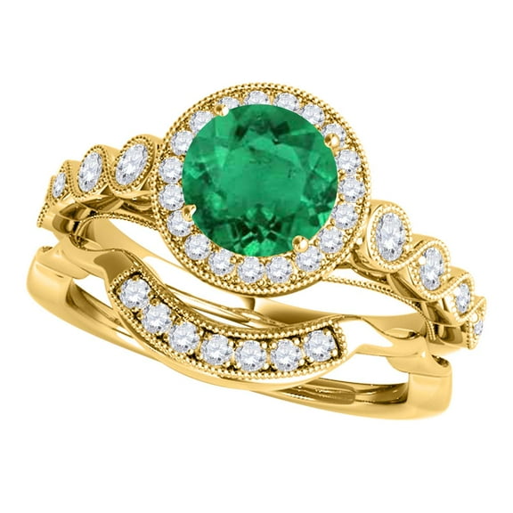 Mauli Jewels Engagement Rings for Women 1.25 Carat Halo Emerald And Diamond Bridal Set Prong-Setting 14k Yellow Gold